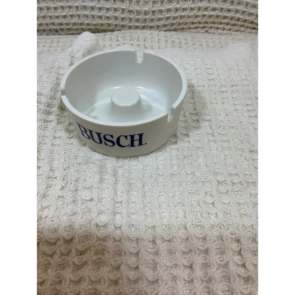 Vintage Busch Beer American Urnapress Melamine Ashtray White Blue Round‎ MCM